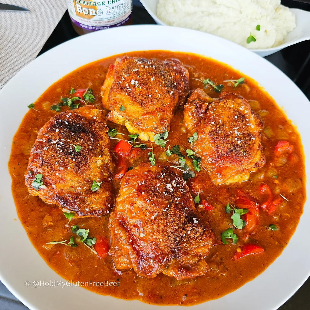 Lightened-up SMOTHERED CAJUN CHICKEN and 'MASH' (Gluten-free) from our