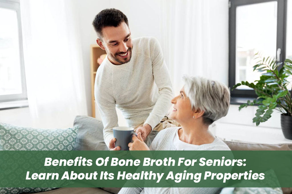 happy smiling adult son bringing bone broth to senior mother at home